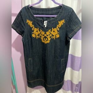 Ivy Jane Denim Dress with Mustard Embroidery